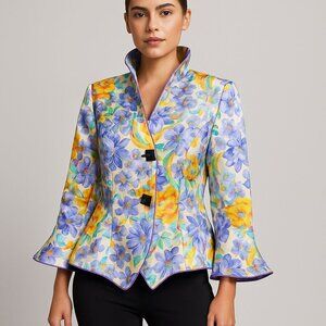Manzoni Couture 100% Silk Floral Wearable Art Blazer‎ Statement Jacket Sz 14